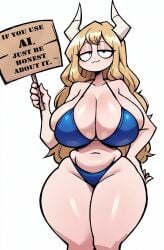 1girls ai_generated bendacriss bikini breasts english_text female female_focus female_only holding_sign horns large_breasts light-skinned_female light_skin my_hero_academia sign solo swimsuit text thick_thighs thighs tsunotori_pony valbun_style white_background wide_hips