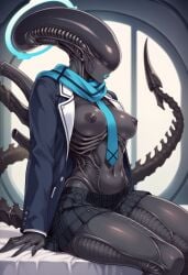 ai_generated alien alien_(franchise) alien_girl alien_humanoid black_skin blue_archive cleavage clothed elongated_head human_hybrid humanoid large_ass large_breasts lips nipples shiroko_(blue_archive)_(cosplay) tagme tail thick_thighs wide_hips xenomorph