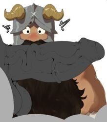 2boys adult adult_male balls beard big_balls big_penis boner dark_penis delicious_in_dungeon dungeon_meshi dwarf erection facial_hair gay grey_skin helmet huge_cock imminent_blowjob male male_only paldraws penis penis_awe penis_showing senshi_(dungeon_meshi) shaved_crotch shocked simple_background staring_at_penis uncensored white_background