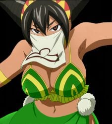 belly_dancer_outfit bikini_top black_hair_female dark-skinned_female edit fairy_tail headband large_breasts libra_(fairy_tail) mask navel screenshot_edit third-party_edit