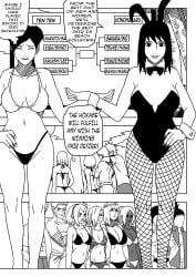 4boys 6girls beach big_breasts bikini bowtie bunny_ears bunny_girl bunnysuit canon_genderswap cleavage comic curvy dark-skinned_female dark_skin detached_collar detached_sleeves dialogue embarrassed english_text fake_animal_ears female female_konohamaru fishnets genderswap genderswap_(mtf) hatake_kakashi ino_yamanaka interracial_sex leotard light-skinned_female light-skinned_male light_skin mabui male midriff monochrome multiple_boys multiple_girls nara_shikamaru naruto naruto:_the_last naruto_(series) naruto_shippuden ninrubio revealing_swimsuit rock_lee sakura_haruno samui sarutobi_konohamaru seaside sexy_no_jutsu story strapless_leotard swimsuit teacher_and_student tenten text uzumaki_naruto