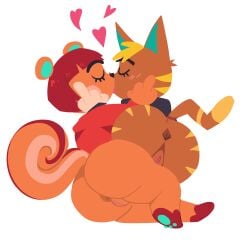 2girls animal_crossing bottomless bottomless_female domestic_cat flipping_off hazel_(animal_crossing) interspecies katt_(animal_crossing) kissing lineless middle_finger rodent thefoolbalatro transparent_background yuri