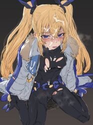 @_@ areola_slip bandaid bandaid_on_cheek bandaid_on_face black_bodysuit blonde_hair blue_eyes blush bodysuit breasts coat cum cum_on_clothes elazale facial female fur_trim goddess_of_victory:_nikke headgear highres laplace_(nikke) long_hair looking_at_viewer oerba_yun_fang on_floor parted_lips pussy_juice sitting small_breasts solo tearing_up torn_bodysuit torn_clothes twintails wariza wet white_coat