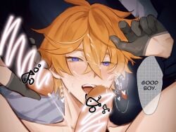 blue_eyes censored censored_penis childe_(genshin_impact) cum cum_on_face english_text gay genshin_impact ginger_hair gloves good_boy male_only tagme tartaglia_(genshin_impact) tearing_up yaoi