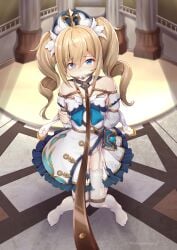 1girls arms_behind_back ball_gag barbara_(genshin_impact) blonde_hair blue_eyes blush bondage breasts church collar dress drill_hair female female_only gag garter_straps genshin_impact leash light-skinned_female looking_at_viewer rope rope_bondage solo thighhighs torn_clothes twintails yiduan_zhu