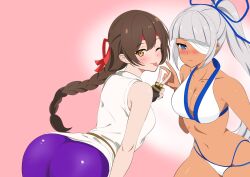 2girls bent_over bikini blue_eyes braid brown_eyes brown_hair karate_gi king_of_fighters light-skinned_female light_skin long_hair majikina_mina ponytail purple_pants samurai_shodown smile tan-skinned_female tan_skin tongue yoga_pants yuri_sakazaki