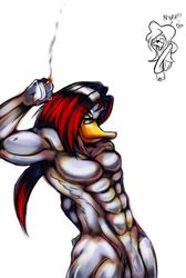 abs angelbreed avian beak cigarette dialogue duck eyeswear glasses heart looking_at_viewer male male_focus muscles nude pecs pose red_eyes red_hair