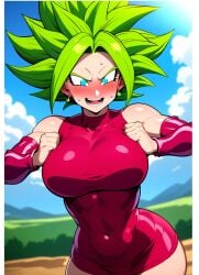 ai_generated blue blush confused_face cute_face dragon_ball_super eyes green_hair kefla lupusorchis pink potara_earrings retouched suit