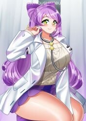 absurdres artist_name blush breasts coat collarbone creatures_(company) earrings female flower_earrings game_freak green_eyes highres human jewelry jpeg katou_shinobu lab_coat large_breasts light_purple_hair long_hair miriam_(pokemon) nintendo pokemon pokemon_sv purple_skirt school_nurse skirt stethoscope striped_clothes striped_skirt sweater swept_bangs thighs white_coat yellow_sweater