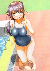 blush embarrassed noticed one-piece_swimsuit original original_character peeing peeing_self pool_ladder poolside pullpull15 swimming_pool swimming_pool_ladder swimsuit swimwear urinating_female urination urine urine_stream wetting wetting_self