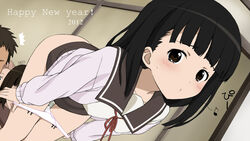 360_(hikaruxx) bangs blunt_bangs blush brown_eyes brown_hair cardigan clothing kinohara_hikaru leaning_forward male musical_note panties panty_pull pussy_juice pussy_juice_trail sakurada_maon school_uniform serafuku short_hair skirt tamayura tear underwear undressing whistling