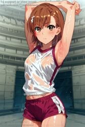 a_certain_scientific_railgun ai_generated armpit_fetish armpits arms_up ascii_media_works blush brown_eyes brown_hair fanart female female_only gym_uniform j.c._staff medium_breasts misaka_mikoto short_hair smile solo_female sweat sweatdrop sweaty sweaty_body to_aru_kagaku_no_railgun to_aru_majutsu_no_index transparent_clothing