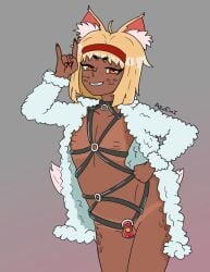 azureemmi_(artist) chastity_cage chastity_device collar dark-skinned_male femboy fuuko_(azureemmi) kitsune solo_male tanline