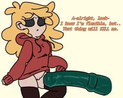 1girls anonymous_artist artist_request black_sclera blonde_hair blush bottomless dialogue equine_penis exposed_pussy gomotion hoodie_only huge_cock mascara scared scared_expression thick_thighs thighhighs trans_(lore) youtube youtuber youtuber_girl