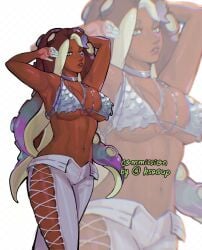 1girls 2020s 2024 alternate_costume arms_behind_head artist_name big_breasts bikini bikini_top black_eyelashes breasts chrome clothed clothing dark-skinned_female dark_body dark_skin digital_drawing_(artwork) digital_media_(artwork) dipstick_fingers eyebrows female female_only grand_festival_(splatfest) hi_res humanoid long_hair looking_at_viewer marina_(grand_festival) marina_(splatoon) marine marine_humanoid mollusk mollusk_humanoid necklace nintendo octoling off_shoulder official_alternate_costume one_eye_covered see-through_clothing splatfest splatoon splatoon_(series) splatoon_2 splatoon_3 teal_clothing teal_hair team_present_(splatfest) tentacle tentacle_hair thick_thighs white_pants