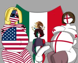 2girls 2girls1boy after_sex anthro big_penis_adoration country_girl countryhumans countryhumans_girl cum_inside england england_(countryhumans) hyper_ass hyper_breasts hyper_cumflation hyper_genitalia hyper_penis inflation mexican mexican_flag mexico mexico_(countryhumans) nude_female pregnant small_but_hung united_states_of_america united_states_of_america_(countryhumans)