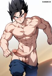 1boy abs ai_generated anime_nose balls ballsack bara biceps big_balls big_penis black_eyes black_hair dragon_ball dragon_ball_z erection foreskin foreskin_folds gay human intact kangmzze male male_nipples male_only manly muscles muscular_male pants_down pecs penis retracted_foreskin scrotum shaved_crotch smooth_skinned_male solo son_gohan testicles toei_animation topless_male uncut veiny_penis