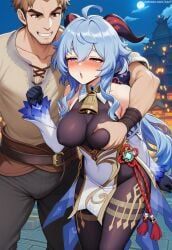 1boy 1girls :o ahe_gao ai_generated arm_over_shoulder blush breast_grab breasts embarrassed female ganyu_(genshin_impact) genshin_impact grabbing grope groping groping_breast half-closed_eyes horns large_breasts lewd lustful_gaze mature_male moaning moon night outdoors pleasured sensitive standing torogao watermark zzz7