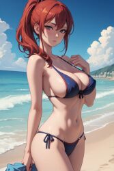 1girls ai_generated bathing_suit beach bikini female medium_breasts midriff ponytail red_hair