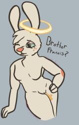 angel angel_gabby angel_hare anthro bodily_fluids christian_symbol christianity cross cross_in_pussy female freckles halo hare hi_res inhabitedartist lagomorph leporid mammal object_in_pussy pussy pussy_fluid rabbit religion religious_symbol skinny text the_east_patch