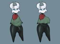 anthro arthropod balls black_body blue_eyes breasts clothing digital_media_(artwork) duo female genitals hi_res hollow_knight insects jovi_cap male penis pussy scarf shirt team_cherry topwear tunic vessel_(species) white_face