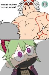 1boy 1girls arataki_itto bigger_male blush_lines buff chibi english_text female funny genshin_impact green_hair kuki_shinobu male mob_face muscular muscular_male purple_eyes shirtless shirtless_male staring staring_at_partner white_hair