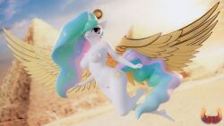 3d absurd_res alicorn anthro anthrofied areola breasts clothing deity egyptian egyptian_mythology equid equine feet female flying footwear friendship_is_magic hasbro headpiece hi_res horn humanoid_feet loveslove mammal medium_breasts middle_eastern_mythology mostly_nude my_little_pony mythological_creature mythological_equine mythology nipples nude plantigrade princess_celestia_(mlp) pyramid ra sandals shoes wings