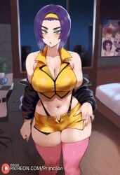 ai_generated cleavage cowboy_bebop faye_valentine green_eyes jacket large_breasts looking_at_viewer navel pink_stockings primosan purple_hair revealing_clothes short_hair standing stockings