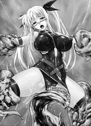 blonde_hair bound breasts cameltoe cum fate_testarossa female hair_ribbon large_breasts mahou_shoujo_lyrical_nanoha monochrome open_mouth ribbon rindou_(radical_dream) rindou_aya skin_tight solo tear tentacle tied_hair twintails