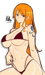 ass big_breasts bikini breasts female female_only long_hair mifenami nami nipples one_piece orange_hair post-timeskip solo swimsuit tattoo tits topless