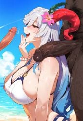 1girls 2boys ai_generated beach big_penis bikini black_male blush bracelet cfnm cleavage cock_worship dark-skinned_male dark_hair fire_emblem fire_emblem_heroes flower flower_in_hair freyja_(fire_emblem) freyja_(summer)_(fire_emblem) goat_horns horn interracial large_breasts large_penis laughing_at_penis long_hair looking_at_penis multiple_boys multiple_penises netorare nintendo ntr penis_comparison penis_humiliation penis_on_shoulder precum red_eyes red_horns swimsuit tagme tharkica white_hair