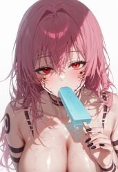 ai_generated big_breasts black_nail_polish black_nails cute_girl female female_focus female_only genderswap_(mtf) huge_breasts jujutsu_kaisen lights pink_hair popsicle popsicle_in_mouth red_eyes rule_63 sadism sadistic sadistic_girl sweat sweaty sweaty_body tattoo tattooed_female