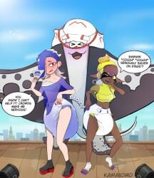 1boy 2girls big_man_(splatoon) diaper diaper_fetish embarrassed frye_(splatoon) half-dressed kawaiiomo messy_diaper on_stage scat shiver_(splatoon) soiling soiling_diaper splatoon