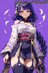 1girls ai_generated big_ass big_butt busty clothed electricity female genshin_impact girly looking_at_viewer miniskirt purple_background purple_clothing purple_eyes purple_hair raiden_shogun skirt solo solo_female solo_focus thick_thighs thigh_highs voidzen