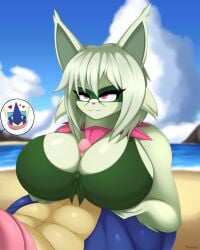 2024 absurd_res anthro beach big_breasts blue_body bra breast_play breasts clothed clothing cloud duo female foxsuo generation_6_pokemon generation_9_pokemon genitals green_body green_bra green_clothing green_hair green_underwear greninja hair hi_res huge_breasts male male/female maskless_meowscarada meowscarada nintendo paizuri penis pokemon pokemon_(species) pokemon_sv purple_eyes sabryna_(nitrofury) sex sky smile titfuck titjob underwear