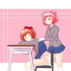 2girls doki_doki_literature_club female female_only human lifting_skirt multiple_girls natsuki_(doki_doki_literature_club) panties pink_eyes pink_hair prank sayori_(doki_doki_literature_club) school_uniform skirt_lift sleeping white_panties