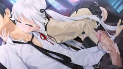 1boy 1girls animated bishoujo_mangekyou blood blood_sucking blush censored clothing fangs female femdom game_cg handjob happoubi_jin kagamino_kirie kagarino_kirie male malesub necktie open_mouth penis precum red_eyes ribbon school_uniform shirt silver_hair skirt straight stroking thighhighs tied_hair twintails vampire