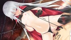 1boy 1girls bishoujo_mangekyou boots breasts cape censored cowgirl_position female flat_chest game_cg gloves happoubi_jin kagamino_kirie kagarino_kirie long_hair male navel nipples nude panties penis pussy red_eyes sex silver_hair small_breasts straight underwear vaginal_penetration vampire