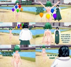 2girls ass balloon barefoot birthday_girl_(dc) birthday_girl_(dc)_cosplay black_hair breasts cape cleavage clothed_female_nude_female completely_nude completely_nude_female female female_only fubuki_(one-punch_man) green_hair koikatsu long_hair long_sleeves multiple_girls navel nipples nude nude_female one-punch_man outdoor_nudity pussy retropunch senftember senftember_(2024) short_hair tatsumaki