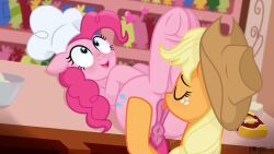 absurd_res accurate_art_style anus applejack_(mlp) blue_eyes blush chef_hat closed_eyes clothing cowboy_hat duo equid equine female female/female feral friendship_is_magic genitals happy hasbro hat headgear headwear heart_symbol hi_res horse licking mammal my_little_pony n0kkun open_mouth pinkie_pie_(mlp) pony pussy tongue