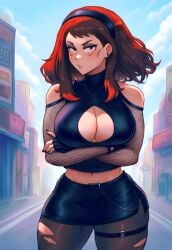 1girls abs ai_generated black_shirt blue_sky choker cleavage eyelashes female female_focus female_only goth goth_girl gothification gothified green_hair hand_on_hip krystalizedart large_breasts laugh laughing long_eyelashes my_hero_academia narrow_waist navel_piercing ochako_uraraka open_mouth short_hair solo solo_female solo_focus teeth teeth_showing thick_thighs