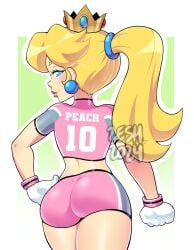 1girls ass athletic_female blonde_hair blue_eyes booty_shorts bubble_butt clothing crown dat_ass female female_only gloves hand_on_hip hourglass_figure human lipstick long_hair looking_at_viewer looking_back mario_(series) mario_strikers nintendo pink_shorts ponytail princess_peach solo solo_female voluptuous voluptuous_female zeshgolden