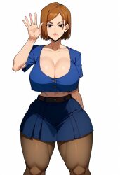 ai_generated bbw bottom_heavy cleavage expressionless female_only hi_res hourglass_figure huge_breasts jujutsu_kaisen jujutsu_tech_uniform kugisaki_nobara pantyhose pawg tagme thick_thighs top_heavy waving_at_viewer wide_hips