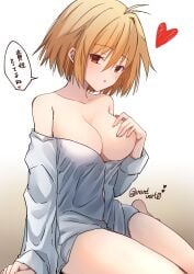 1girls ahoge arcueid_brunestud areola_slip areolae artist_name bare_shoulders big_breasts blonde_hair blush breast_focus breasts collared_shirt covering_breasts enormous_breasts female female_only heart huge_breasts implied_nopan large_breasts legs long_shirt looking_at_viewer melty_blood nipple_slip no_bra on_floor red_eyes seducing seducing_viewer seductive seductive_look shirt_only short_hair simple_background solo thighs top_heavy translation_request tsukihime type-moon unbuttoned_shirt undressing ventvert0 white_shirt