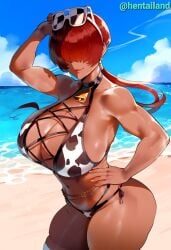 1girls ai_generated beach big_breasts bikini covered_eyes cow_print cowbell fat_breasts glasses glasses_on_head hand_on_head king_of_fighters long_hair ponytail red_hair sand sea seaside shermie_(kof) sunburn tan tan_body thick