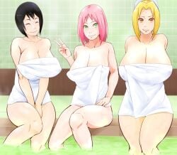 3girls bathhouse black_hair blonde_hair breasts closed_eyes closed_mouth covered_erect_nipples female_focus green_eyes huge_breasts large_breasts multiple_girls naruto naruto_(series) naruto_shippuden pink_hair sakura_haruno shizune short_hair smile sunahara_wataru teacher_and_student towel tsunade voluptuous yellow_eyes