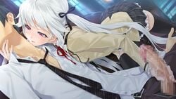 1boy 1girls bishoujo_mangekyou blush censored clothing fangs female game_cg handjob happoubi_jin kagamino_kirie kagarino_kirie male necktie open_mouth penis precum red_eyes school_uniform shirt silver_hair skirt straight thighhighs tied_hair twintails vampire