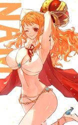 1girls ai_generated armpits arms_behind_head bent_leg bikini bikini_bottom bikini_top blush breasts cape cleavage crown female female_only high_heels hourglass_figure huge_breasts jewel jewelry large_breasts light-skinned_female long_hair looking_at_viewer midriff nami nami_(one_piece) navel one_eye_closed one_leg_bent one_piece orange_eyes orange_hair pearl_necklace petals post-timeskip sc_scandium simple_background slim_waist smile smiling_at_viewer standing standing_on_one_leg thick_thighs thighs underboob white_background white_bikini wide_hips