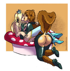 2girls blonde_hair bottomless brown_hair crossover eastern_and_western_character female female_only great_lakes_avengers human kissing mario_(series) marvel multiple_girls nintendo njalyx princess_rosalina squirrel_girl squirrel_girl_(marvel) super_mario_bros. tail yuri