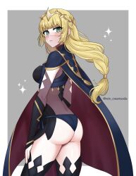 1girls alternate_costume ass blonde_hair blue_panties braid braided_hair cosplay fire_emblem fire_emblem:_three_houses fire_emblem_fates green_eyes ingrid_brandl_galatea looking_at_viewer looking_back medium_breasts mouth_veil nintendo nyx_(fire_emblem)_(cosplay) panties rein_creamsoda see-through veil